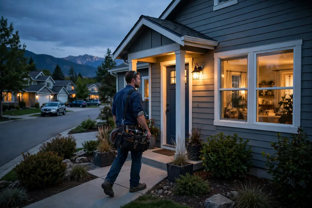 A technician with a tool bag arriving at a Colorado Springs front door at dusk for an emergency repair call