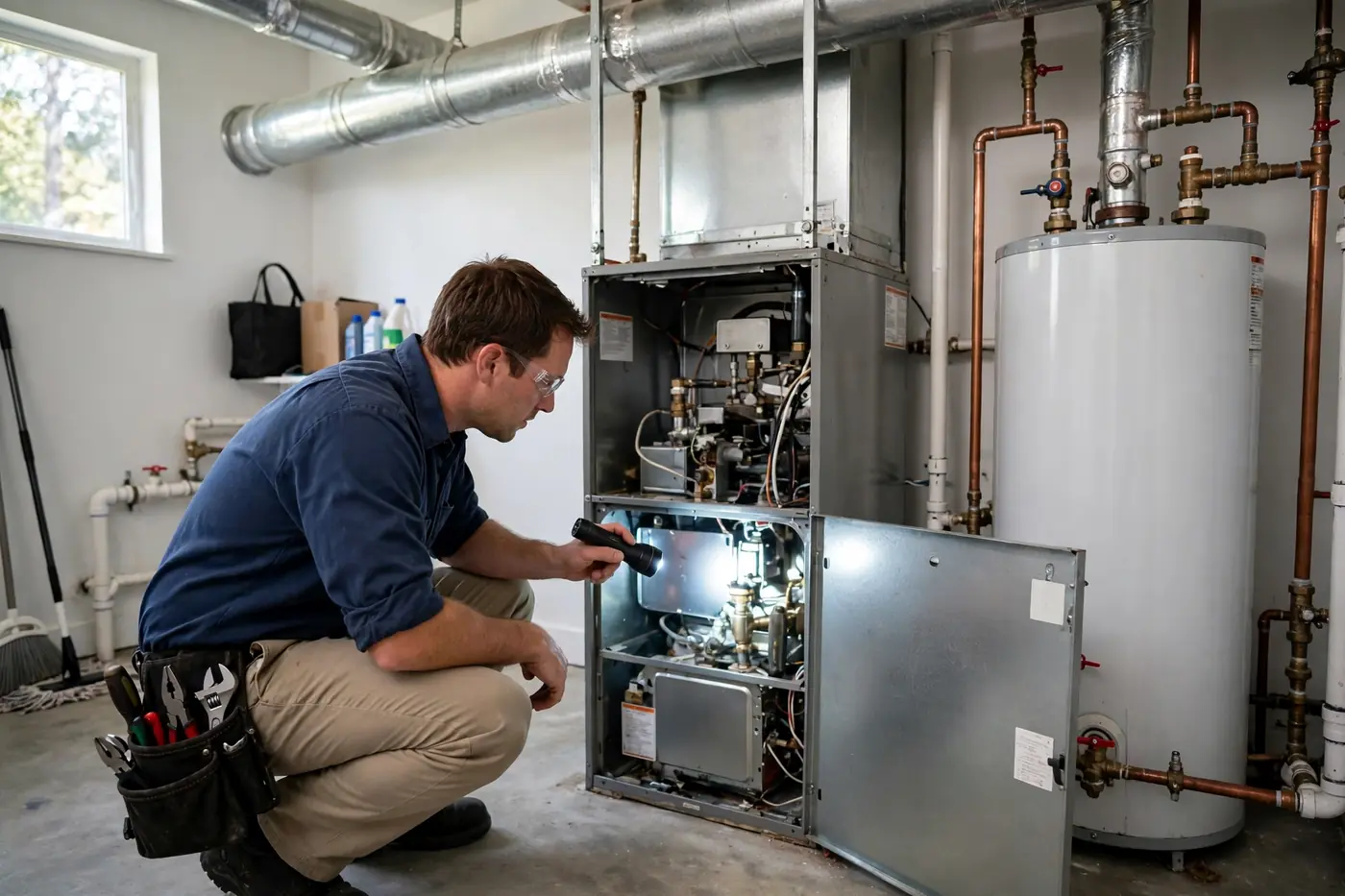 Furnace repair Colorado Springs: a technician inspecting a home gas furnace with a flashlight in a utility room