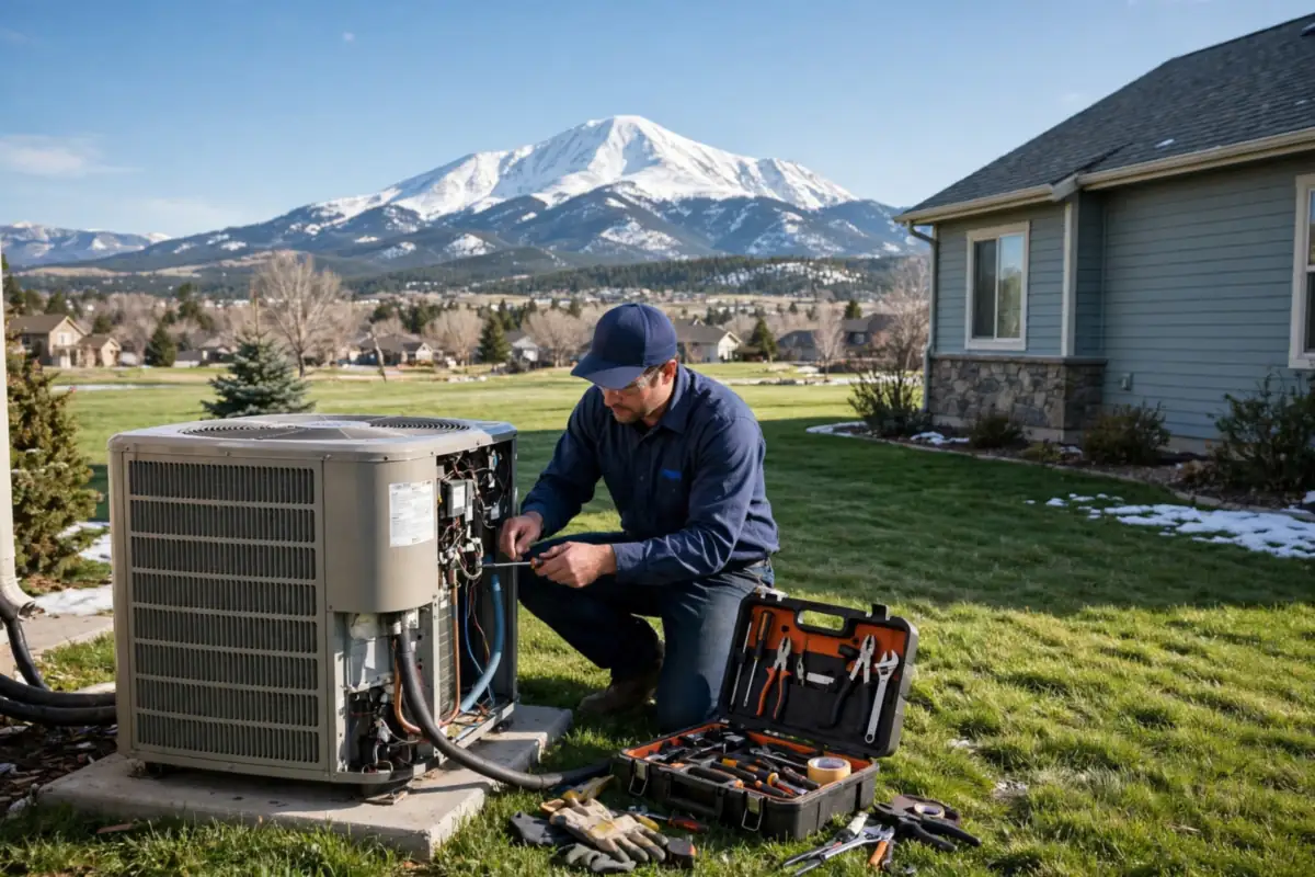 AC repair Colorado Springs: a technician servicing a home air conditioner beside a Colorado Springs house with Pikes Peak behind it